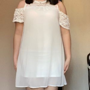 white dress with lace off the shoulder